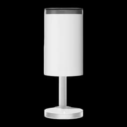 Projetor curto alcance branco cilíndrico, corpo liso com topo preto, base circular estável e coluna central, design minimalista moderno