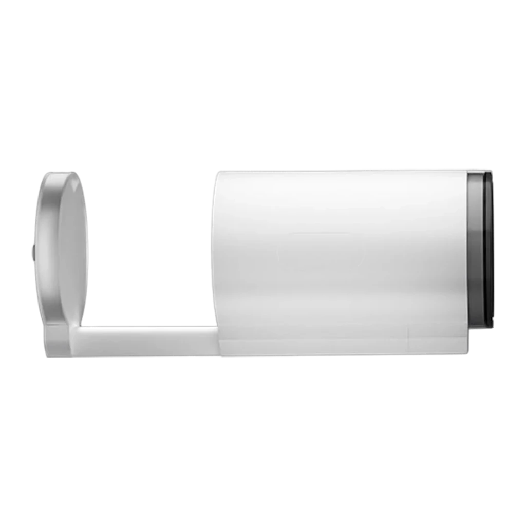 Lumi Proyector TS-7 com prateleira, vista lateral: corpo cilíndrico branco, lente circular e lente de projeção frontal escura