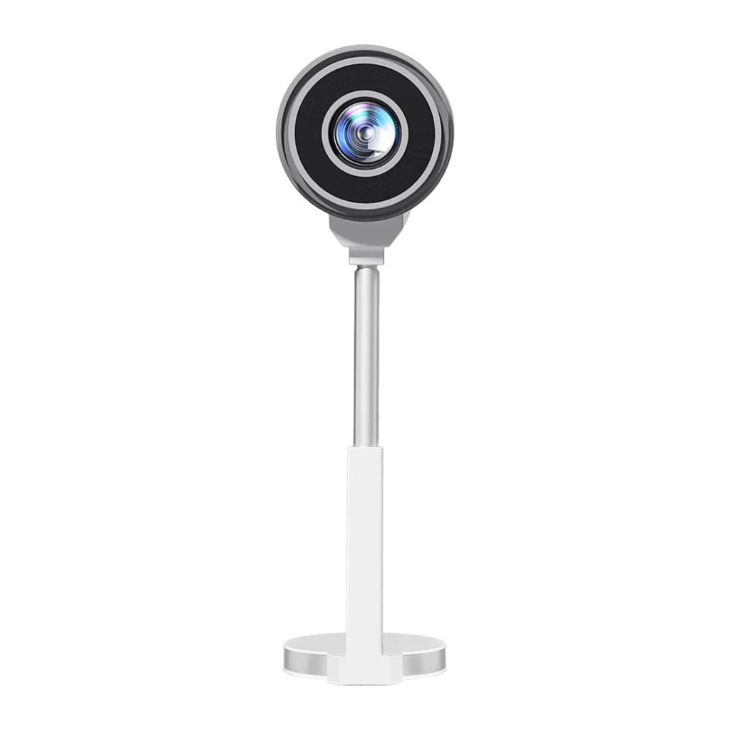 Lumi Proyector TS-7, vista frontal: lente circular com suporte vertical branco e base redonda