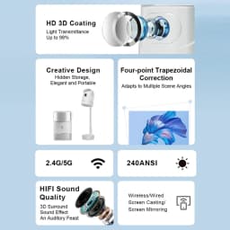 Projecteur TS-9 Pro blanc avec objectif HD 3D, correction trapézoïdale 4 points, double Wi-Fi 2,4G/5G, 240 ANSI, enceinte HIFI, Android TV et étagère