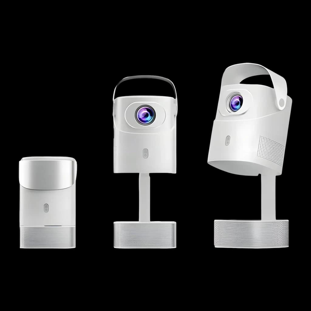 Projecteur TS-9 Pro blanc avec poignet, lentille frontale colorée, base/étagère cylindrique perforée, positions réglables verticales et compactes
