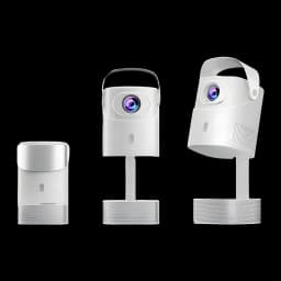 Projecteur TS-9 Pro blanc avec poignet, lentille frontale colorée, base/étagère cylindrique perforée, positions réglables verticales et compactes