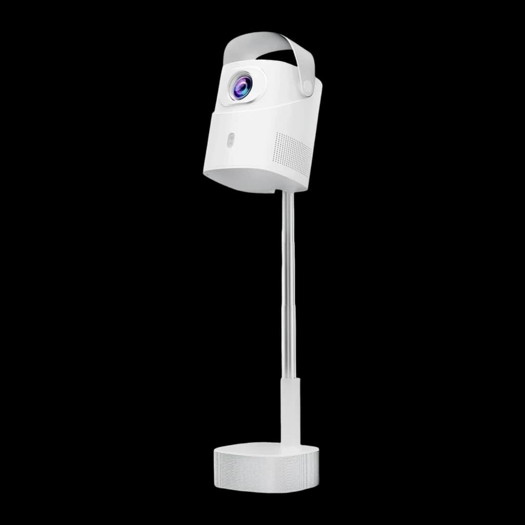 Projecteur TS-9 Pro blanc sur pied avec poignée, lentille violette, colonne réglable et base ronde texturée, design épuré pour salon ou bureau