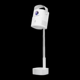 Projecteur TS-9 Pro blanc sur pied avec poignée, lentille violette, colonne réglable et base ronde texturée, design épuré pour salon ou bureau