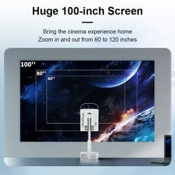 Projecteur TS-9 Pro avec étagère, écran jusquà 100 pouces, zoom 60 à 120, support stable, image nette 1080p LED, idéal home cinéma
