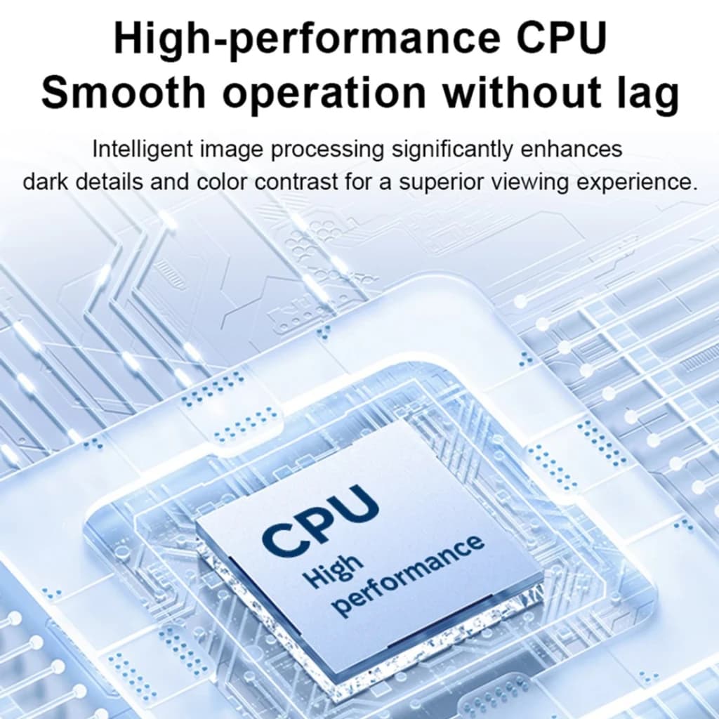 Gros plan sur puce CPU haute performance avec circuits bleus, symbolisant traitement dimage fluide, meilleurs détails sombres et contraste couleur optimisé