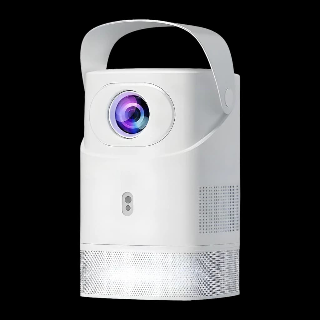 Projecteur TS-9 Pro avec étagère 1080p compatible 240 ANSI lumens LED Android TV, vue avant: objectif bleu-violet, poignée