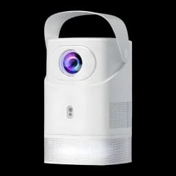 Projecteur TS-9 Pro avec étagère 1080p compatible 240 ANSI lumens LED Android TV, vue avant: objectif bleu-violet, poignée
