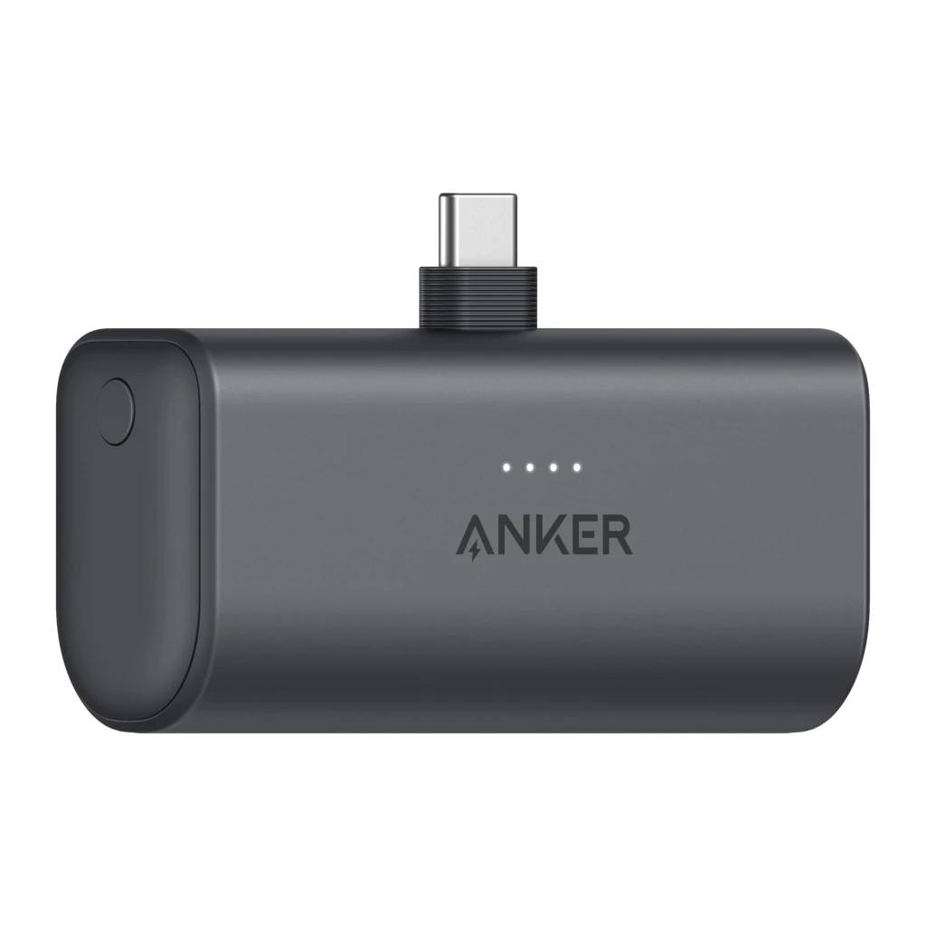 Anker Powerbank Nano 22,5 W negro, vista frontal: conector USB-C plegable, indicadores LED y botón lateral