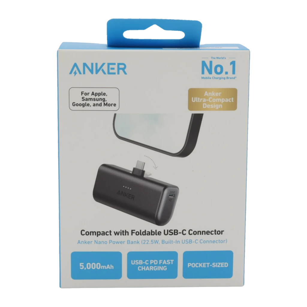 Anker Powerbank Nano 22,5 W negro, caja frontal: packaging con conector USB-C plegable, 5000 mAh y carga rápida