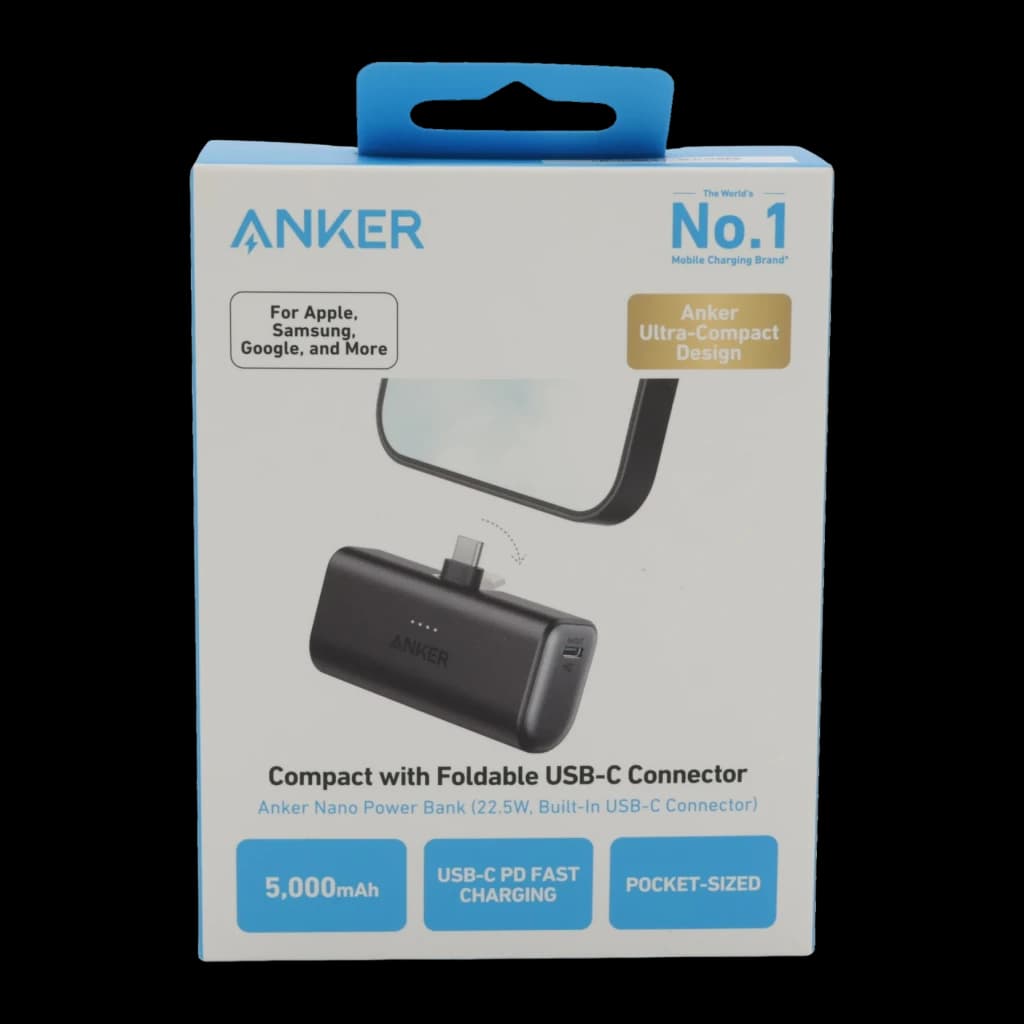 Anker Powerbank Nano 22,5 W negro, caja frontal: packaging con conector USB-C plegable, 5000 mAh y carga rápida
