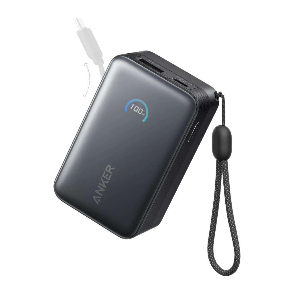 Power Bank Anker Nano 10000mAh Noir 45W USB-C Charge Rapide 10000, détail: indicateur LED à 100%, câble USB-C intégré déplié