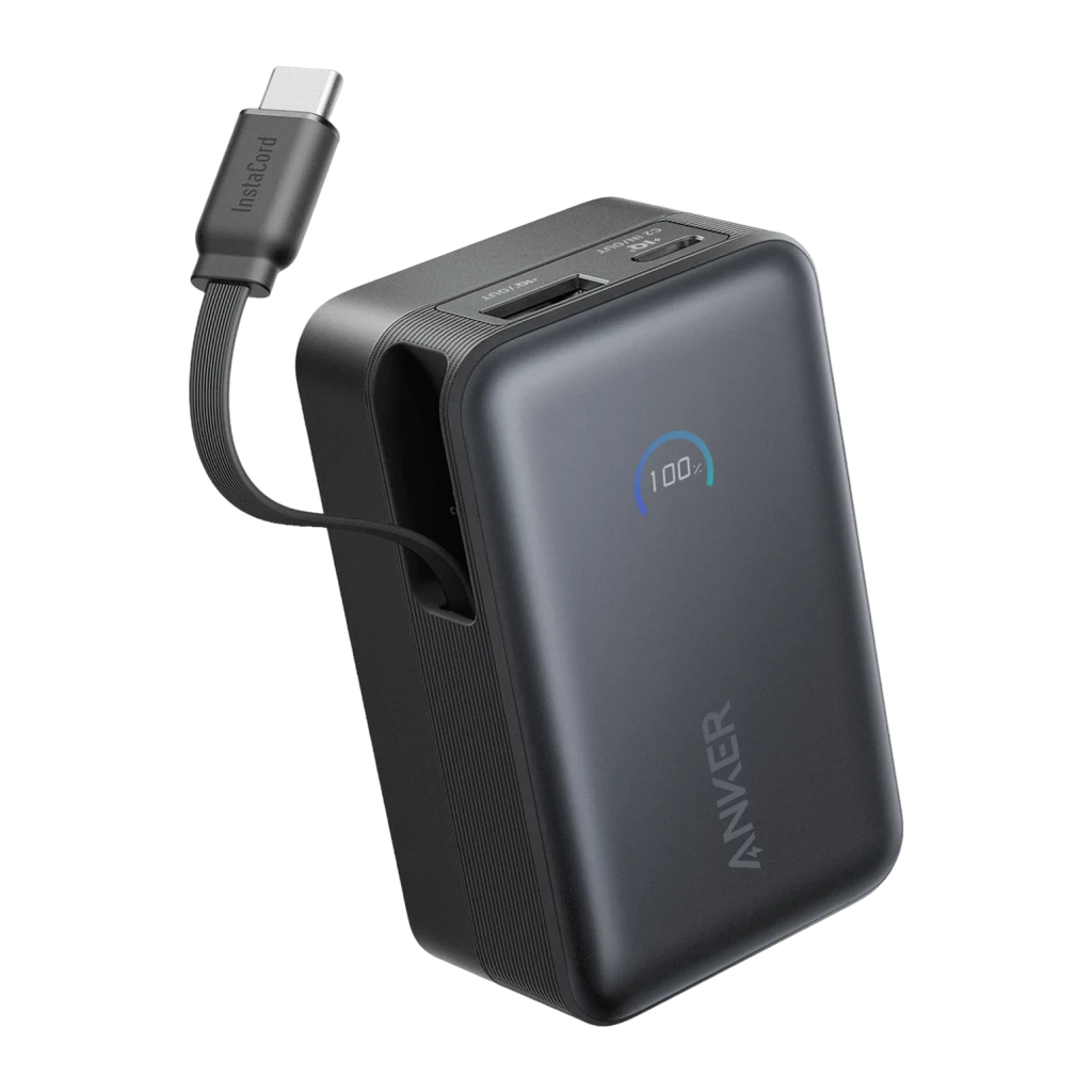 Power Bank Anker Nano 10000mAh Noir 45W USB-C Charge Rapide 10000, vue arrière: écran LED 100%, port USB-A et câble