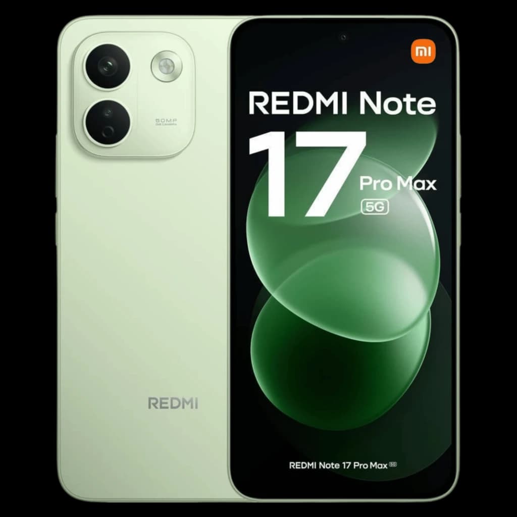 Xiaomi Redmi Note 17 Pro Max 5G verde con pantalla amplia y bordes finos, módulo trasero con doble cámara grande y flash, acabado mate elegante