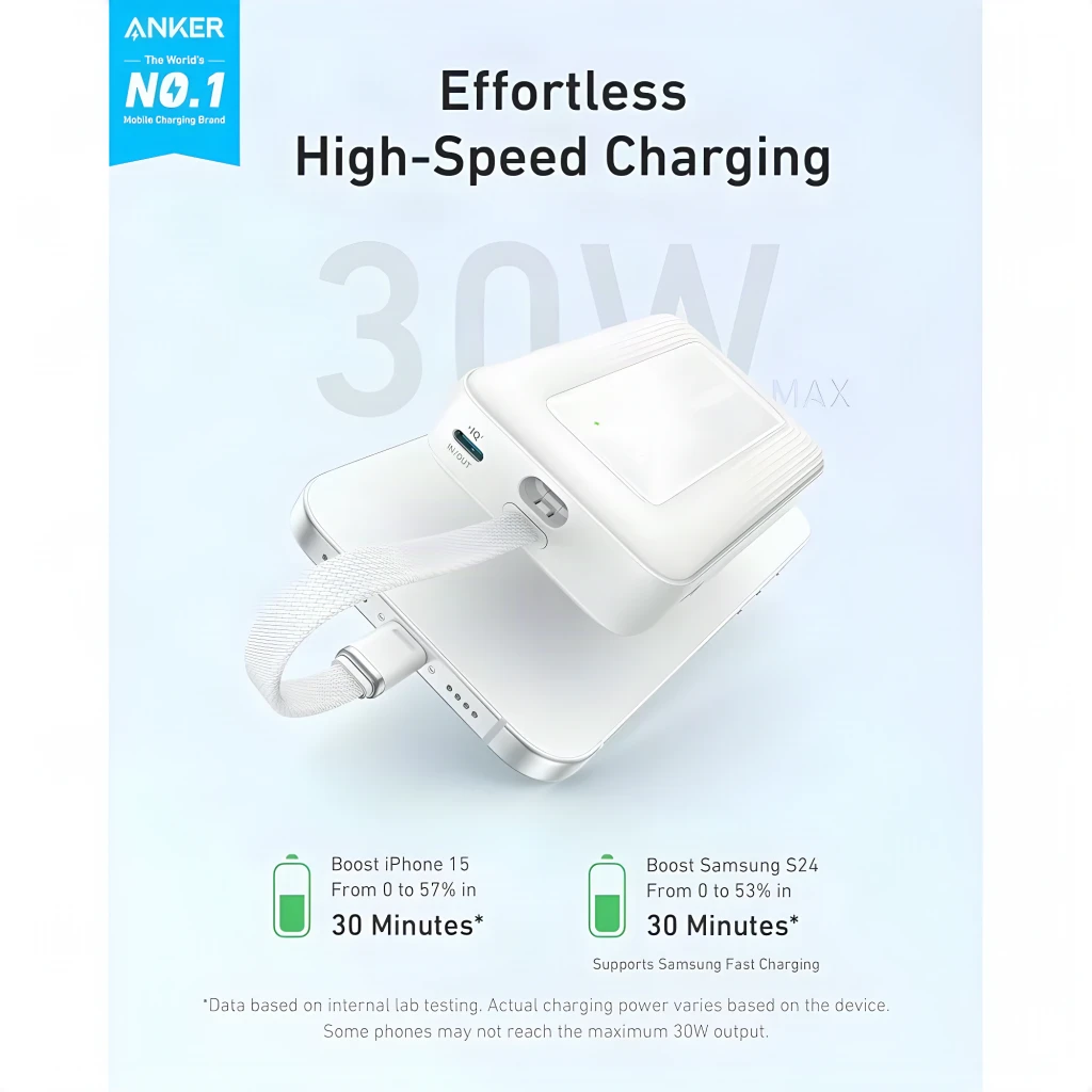 Anker Zolo 10000mAh 30W blanc, infographie: batterie chargeant iPhone par câble et pad sans fil, texte 30W MAX