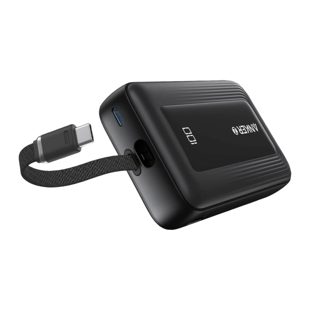 Power Bank Anker Zolo 20000mAh Preto MagSafe 7,5W 30W USB-C 20000, detalhe: cabo USB-C integrado estendido, ecrã LED