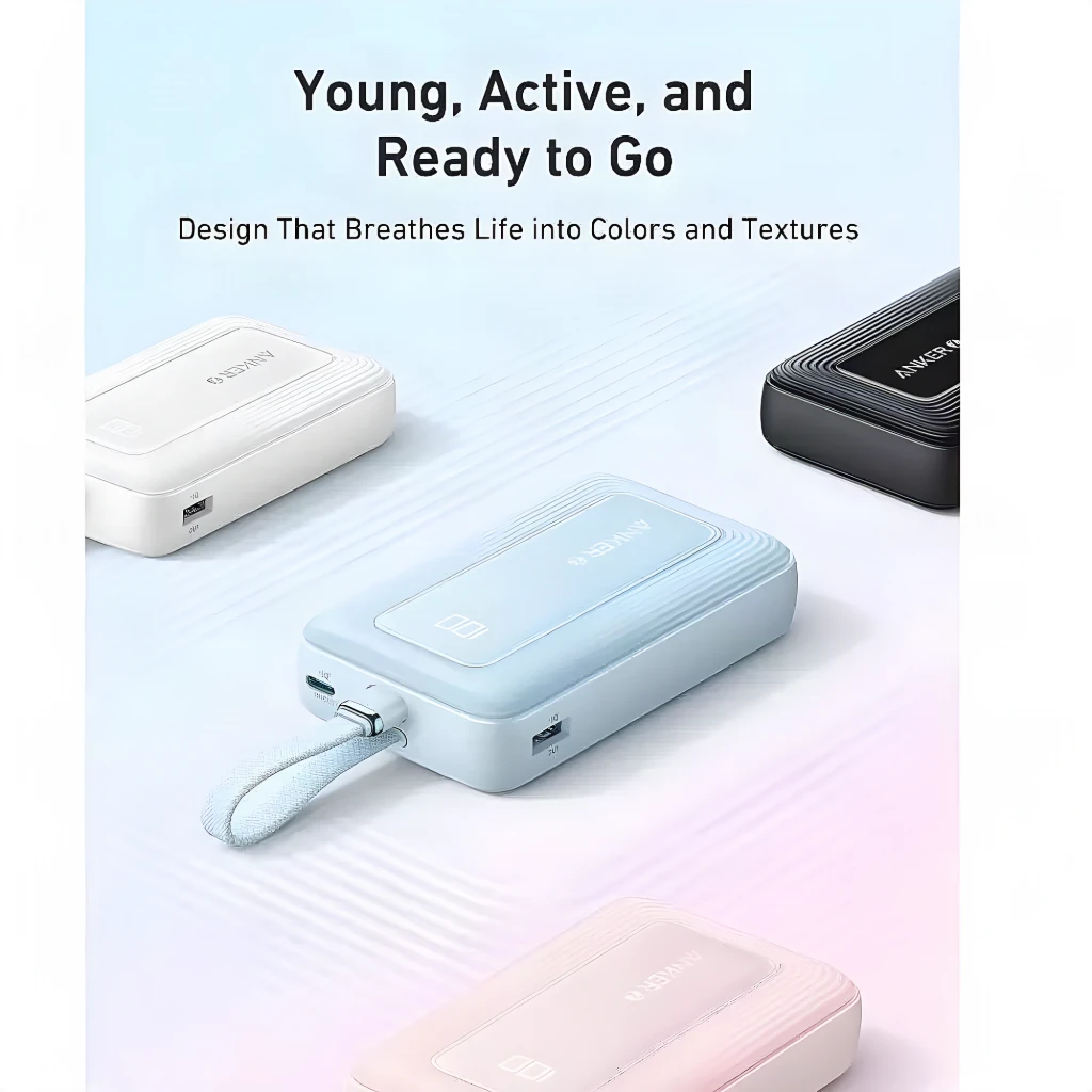 Anker Zolo Batterie portable 20000mAh Bleu clair, gamme de couleurs: modèle bleu au centre avec câble intégré et ports USB-C