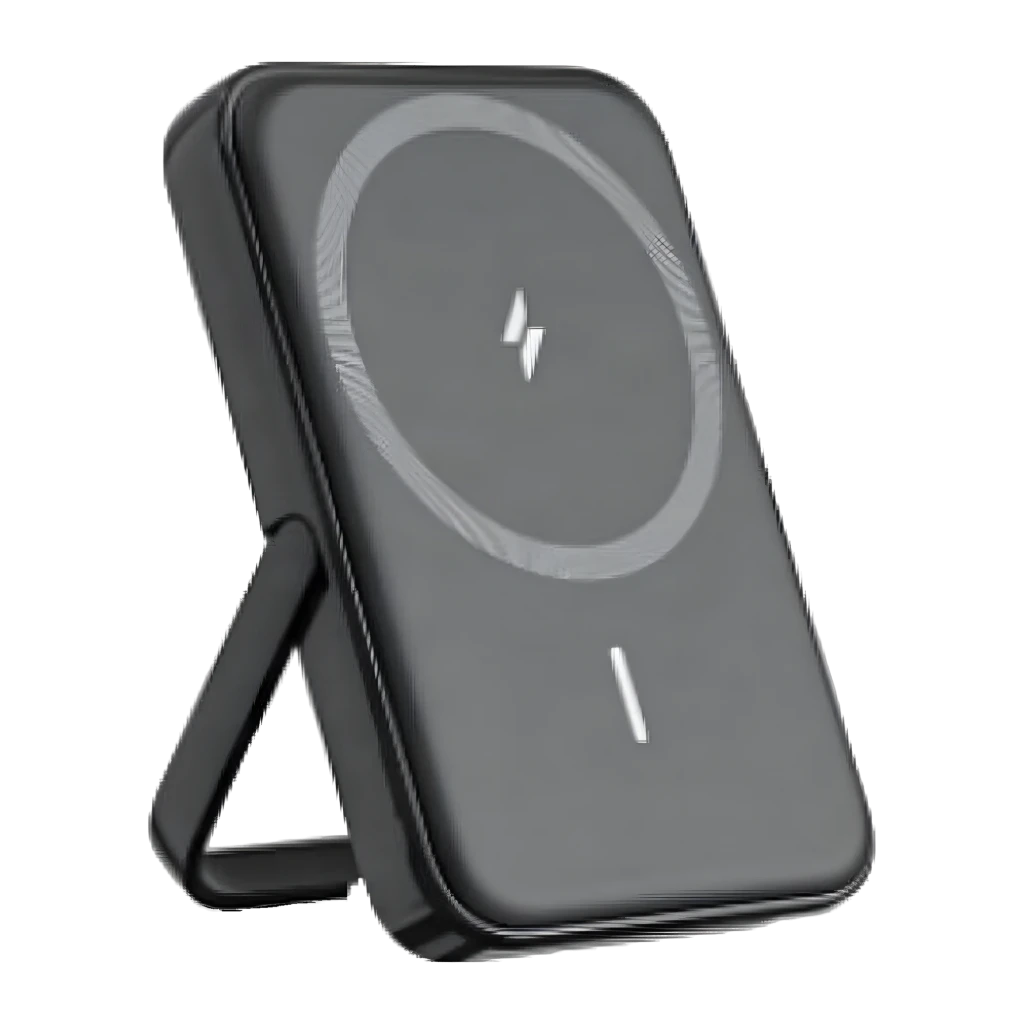 Anker Batterie portable 322 MagGo 5000 mAh noir, vue en angle: support déplié, anneau MagSafe et icône éclair sur la face