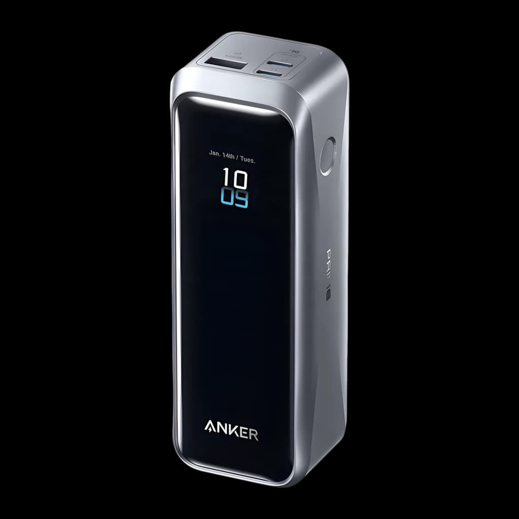 Power Bank Anker Prime 20100mAh 220W en color gris con pantalla digital frontal, bordes curvos y 1 puerto USB-A más 2 puertos USB-C de carga rápida