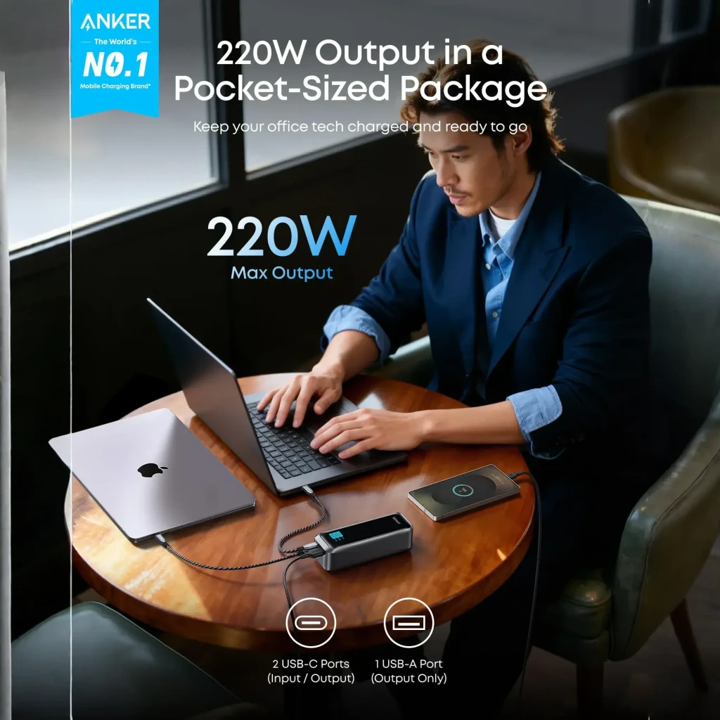 Power Bank Anker Prime 20100mAh 220W en color gris con pantalla digital frontal, bordes curvos y 1 puerto USB-A más 2 puertos USB-C de carga rápida - Ítem4