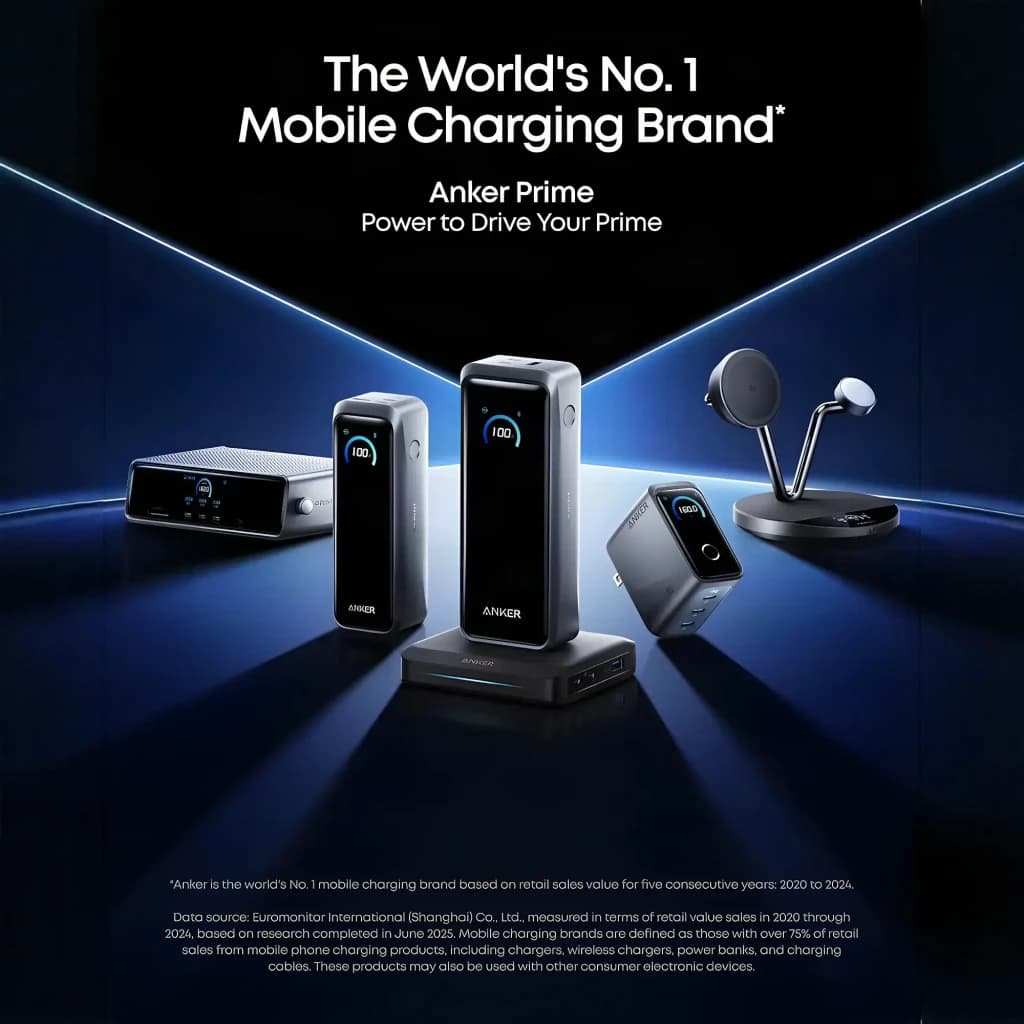 Power Bank Anker Prime 20100mAh 220W en negro con pantalla LED, cuerpo compacto y tres puertos 1 USB-A y 2 USB-C, base de carga y accesorios a juego