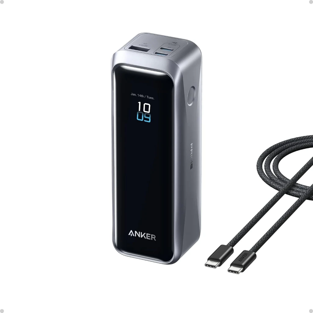 Power Bank Anker Prime 20100mAh 220W en color gris con pantalla digital frontal, bordes curvos y 1 puerto USB-A más 2 puertos USB-C de carga rápida - Ítem1