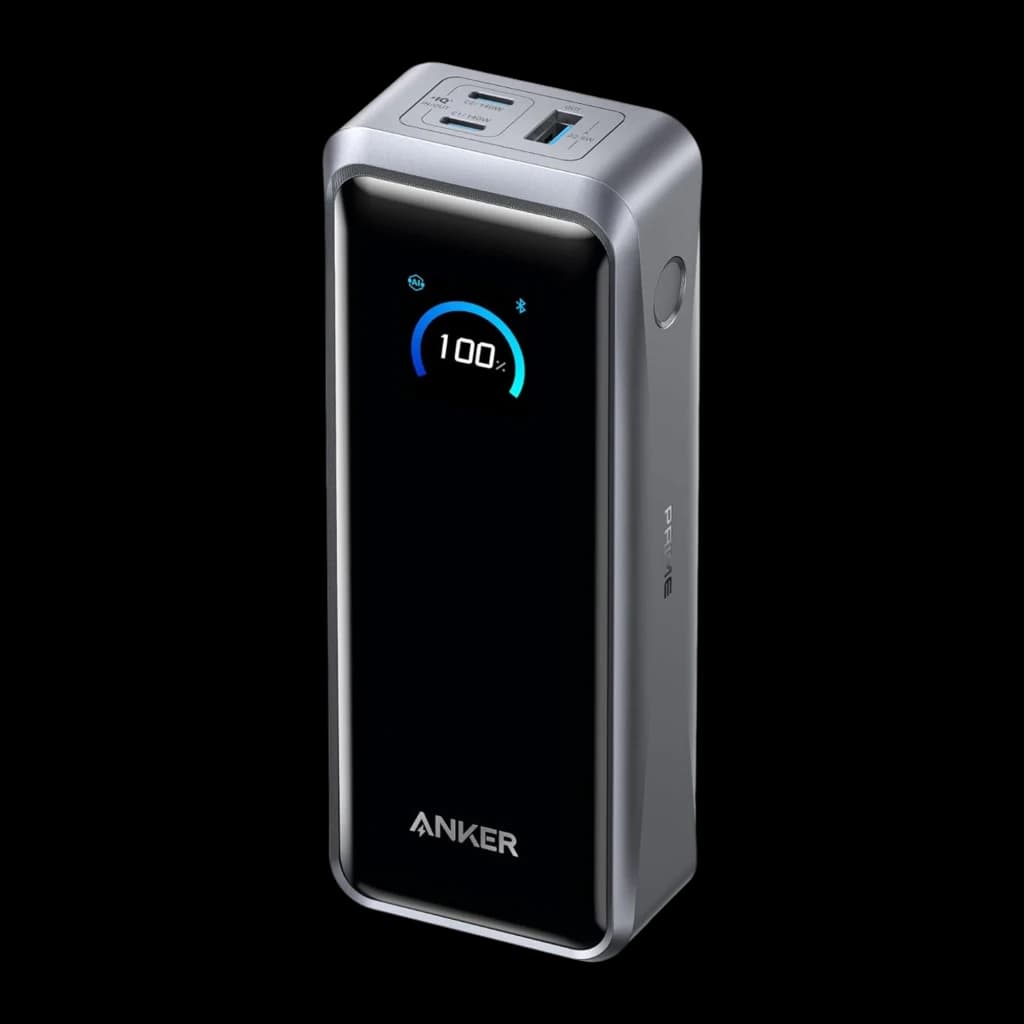 Power Bank Anker Prime 26250mAh 300W com tela digital 100%, corpo metálico cinza, 1 USB-A e 2 USB-C no topo, bordas arredondadas e acabamento premium