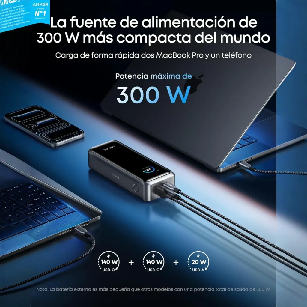 Batterie externe Anker Prime 26250mAh 300W avec écran LED, ports 2x USB-C et 1x USB-A, indicateur de charge 100 pour cent, boîtier gris et noir élégant - Ítem4