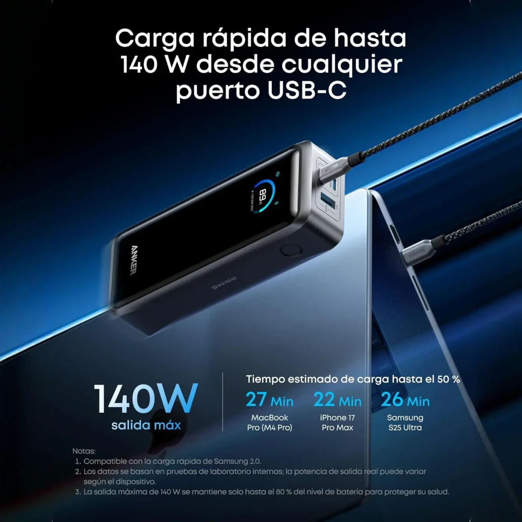 Batterie externe Anker Prime 26250mAh 300W avec écran LED, ports 2x USB-C et 1x USB-A, indicateur de charge 100 pour cent, boîtier gris et noir élégant - Ítem5