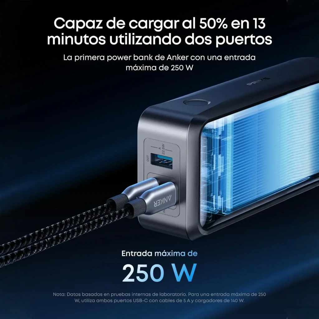 Batterie externe Anker Prime 26250mAh 300W avec écran LED, ports 2x USB-C et 1x USB-A, indicateur de charge 100 pour cent, boîtier gris et noir élégant - Ítem2