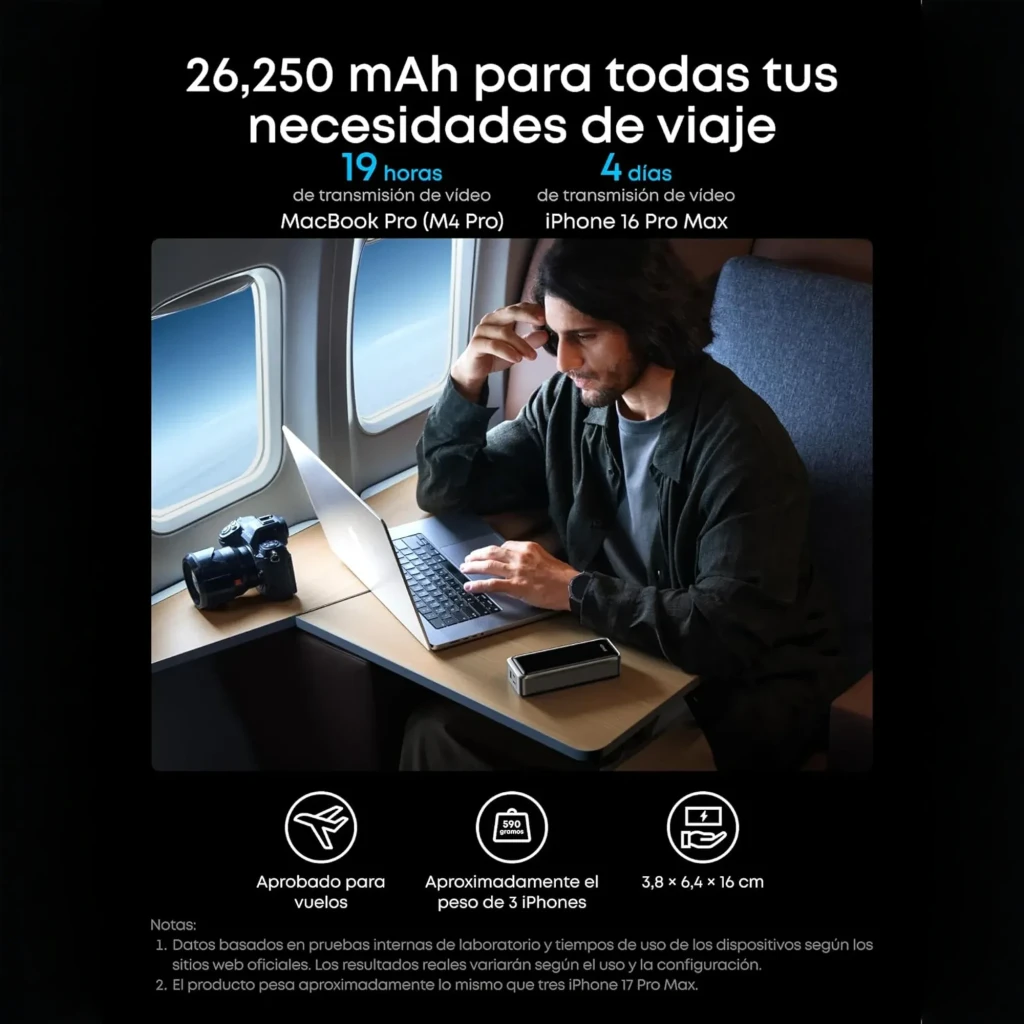 Batterie externe Anker Prime 26250mAh 300W avec écran LED, ports 2x USB-C et 1x USB-A, indicateur de charge 100 pour cent, boîtier gris et noir élégant - Ítem3