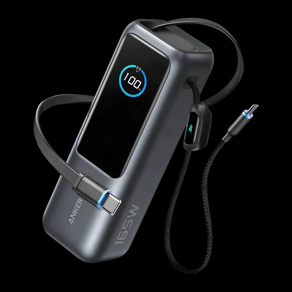 Power Bank Anker Laptop 25000mAh 165W 2xUSB-C en gris, pantalla LED de carga al 100, cable trenzado integrado con conectores USB-C y correa ajustable