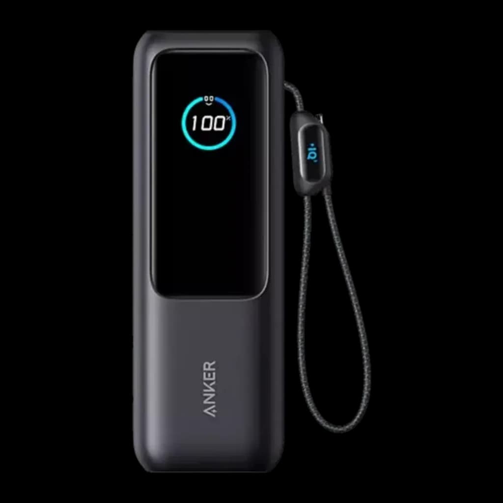 Batería portátil negra con pantalla LED que muestra 100, correa lateral y cuerpo compacto; puertos 2x USB-C y 165W, 25000 mAh para laptop y móviles