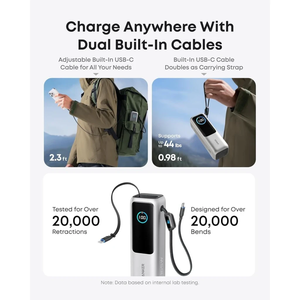 Anker Laptop 25000mAh 165W Argent, infographie: deux câbles USB-C intégrés, longueurs 2.3ft et 0.98ft, 20000 pliages