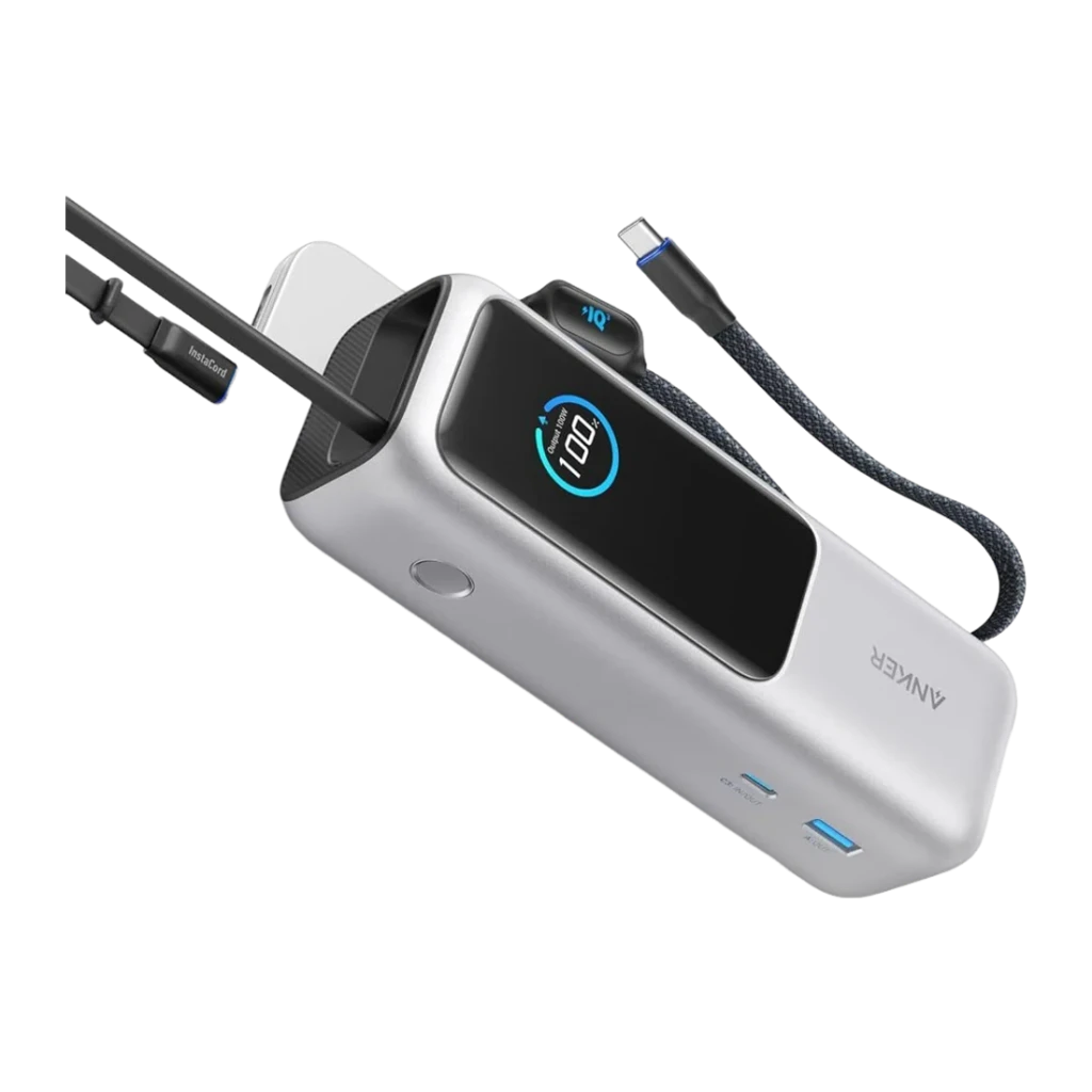 Anker Laptop 25000mAh 165W 2xUSB-C Argent, vue diagonale: écran LED à 100%, câbles USB-C intégrés déployés et ports frontaux