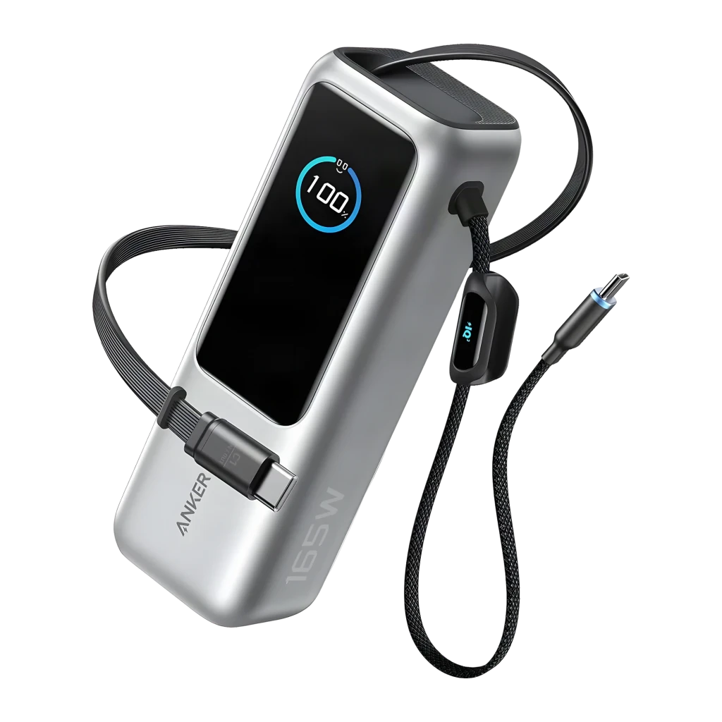 Anker Laptop 25000mAh 165W Argent, vue en angle: écran circulaire à 100%, câbles USB-C intégrés dépliés et logo 165W