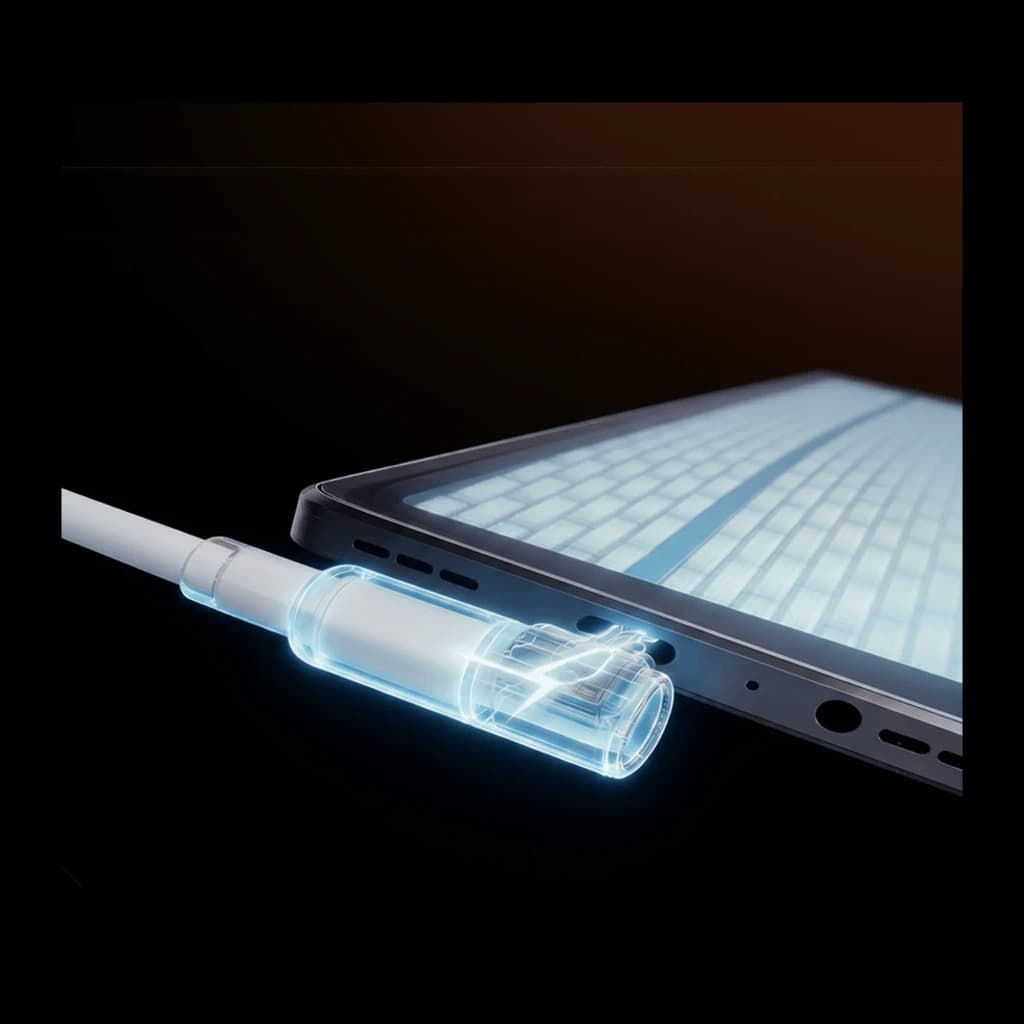 Conector USB-C iluminado aproximando-se de um smartphone cinza com grelha lateral e portas visíveis, destacando detalhamento interno e design futurista