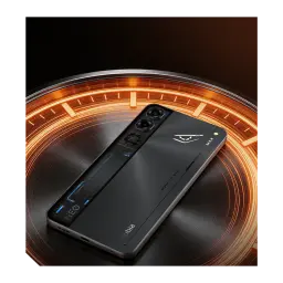 Nubia Neo 5 Max 8GB/256GB em Titanium Gold com traseira gamer, LEDs azuis, módulo triplo de câmeras e Neo Triggers 5.0, design preto metálico elegante