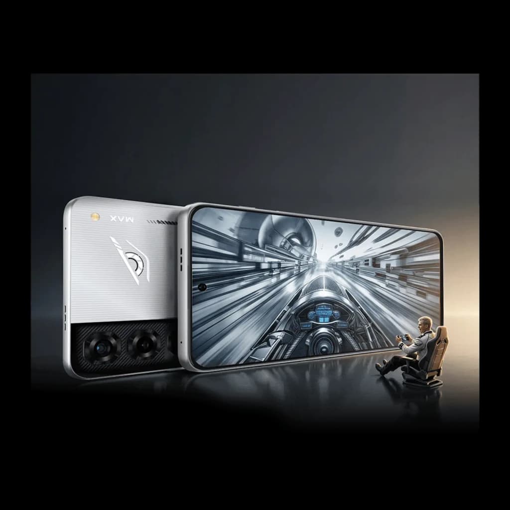 Smartphone gamer Titanium Gold com tela inteira, traseira prateada texturizada, câmera dupla horizontal e gatilhos Neo Triggers 5.0 destacados