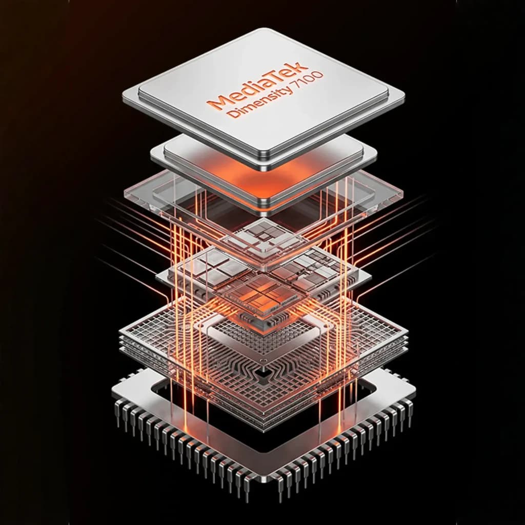 Chipset MediaTek Dimensity 7100 em camadas expostas com trilhas laranja brilhantes, destacando arquitetura e desempenho do Nubia Neo 5 Max 8GB/256GB Titanium