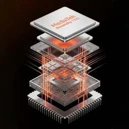 Chipset MediaTek Dimensity 7100 em camadas expostas com trilhas laranja brilhantes, destacando arquitetura e desempenho do Nubia Neo 5 Max 8GB/256GB Titanium