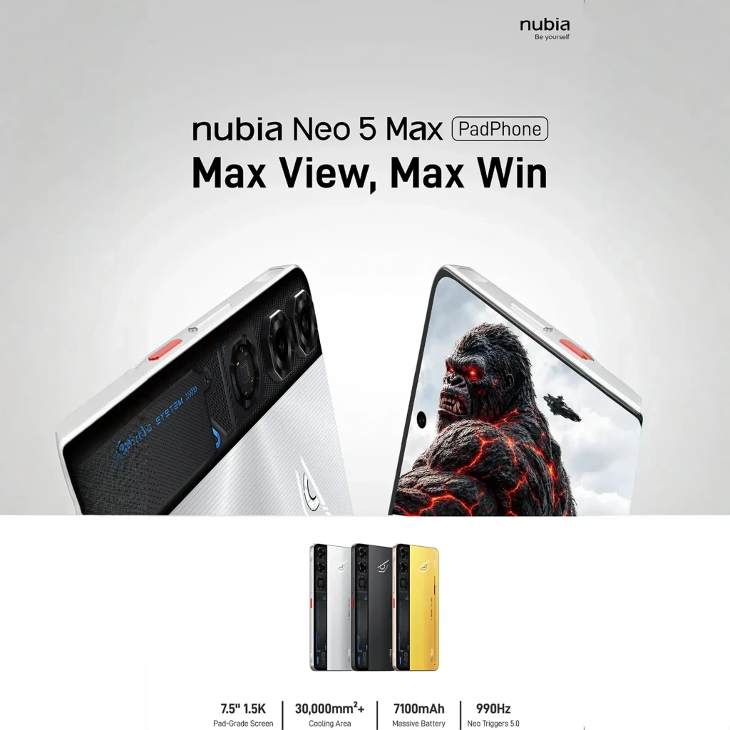 Nubia Neo 5 Max noir, écran 7,5 pouces IPS LCD 120Hz bord à bord, poinçon centré, dos texturé avec triple caméra verticale et accents bleus gaming - Ítem5