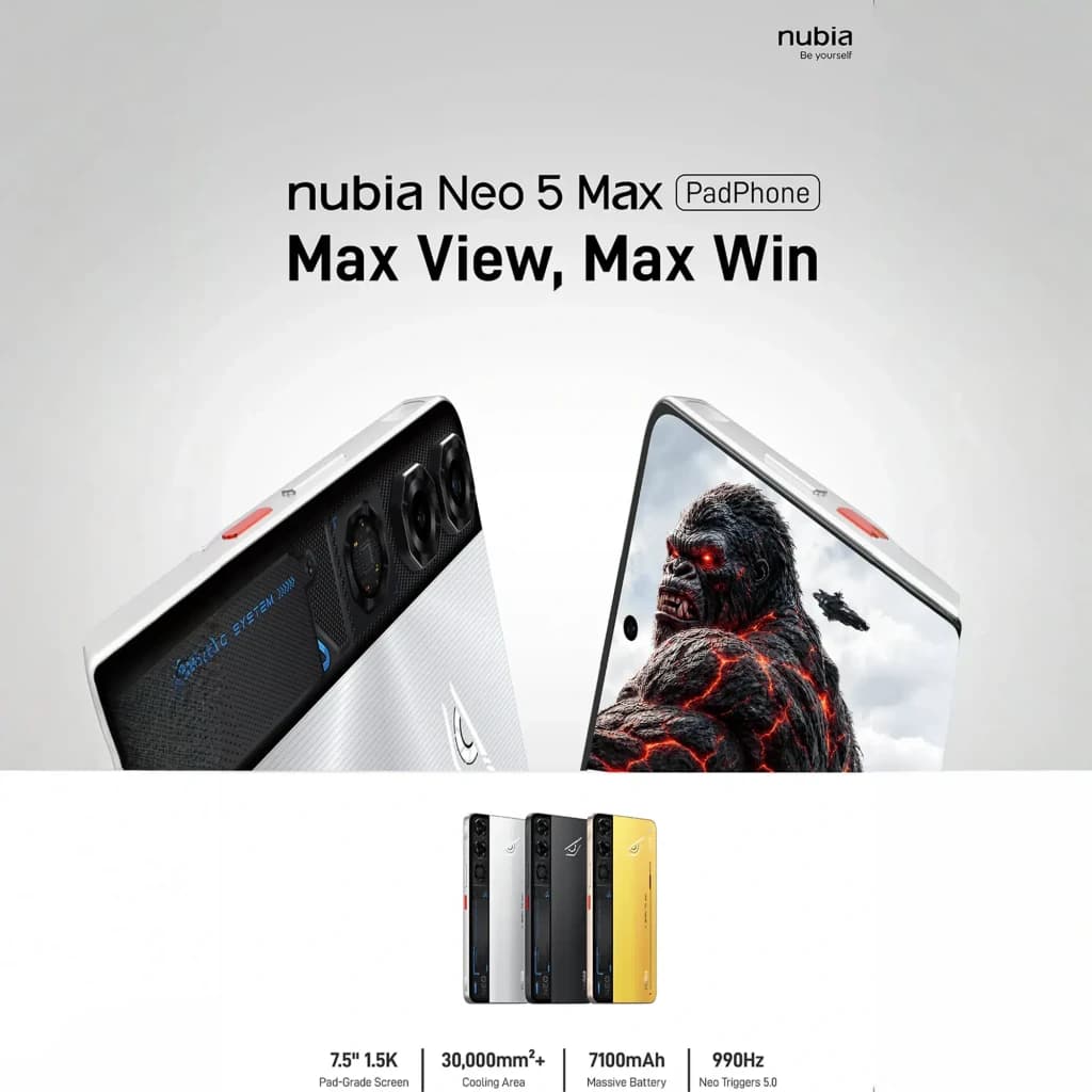 Nubia Neo 5 Max 8GB/256GB Titanium Gold com traseira branca texturizada, módulo de câmera tripla em preto, bordas metálicas e tela ampla quase sem bordas