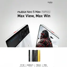 Nubia Neo 5 Max 8GB/256GB Titanium Gold com traseira branca texturizada, módulo de câmera tripla em preto, bordas metálicas e tela ampla quase sem bordas