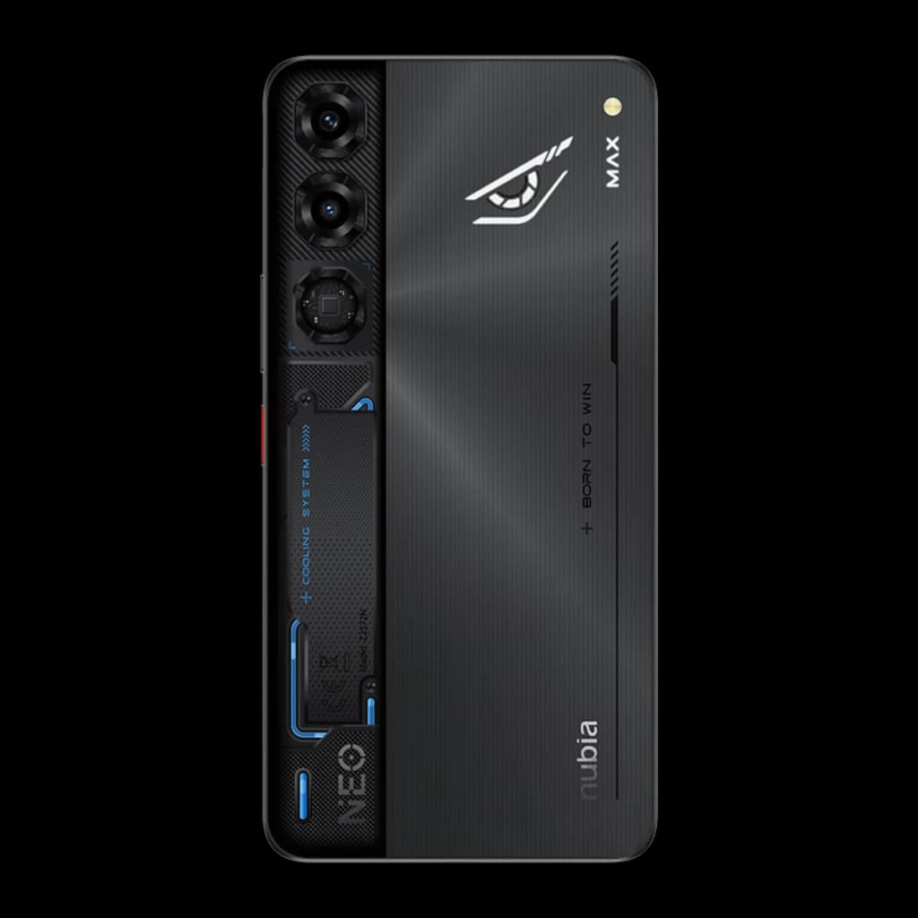 Nubia Neo 5 Max preto com traseira gamer, logotipo iluminado, triple câmera vertical e detalhes azuis; design robusto e linhas texturizadas