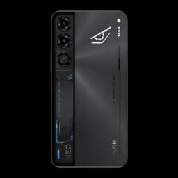 Nubia Neo 5 Max preto com traseira gamer, logotipo iluminado, triple câmera vertical e detalhes azuis; design robusto e linhas texturizadas