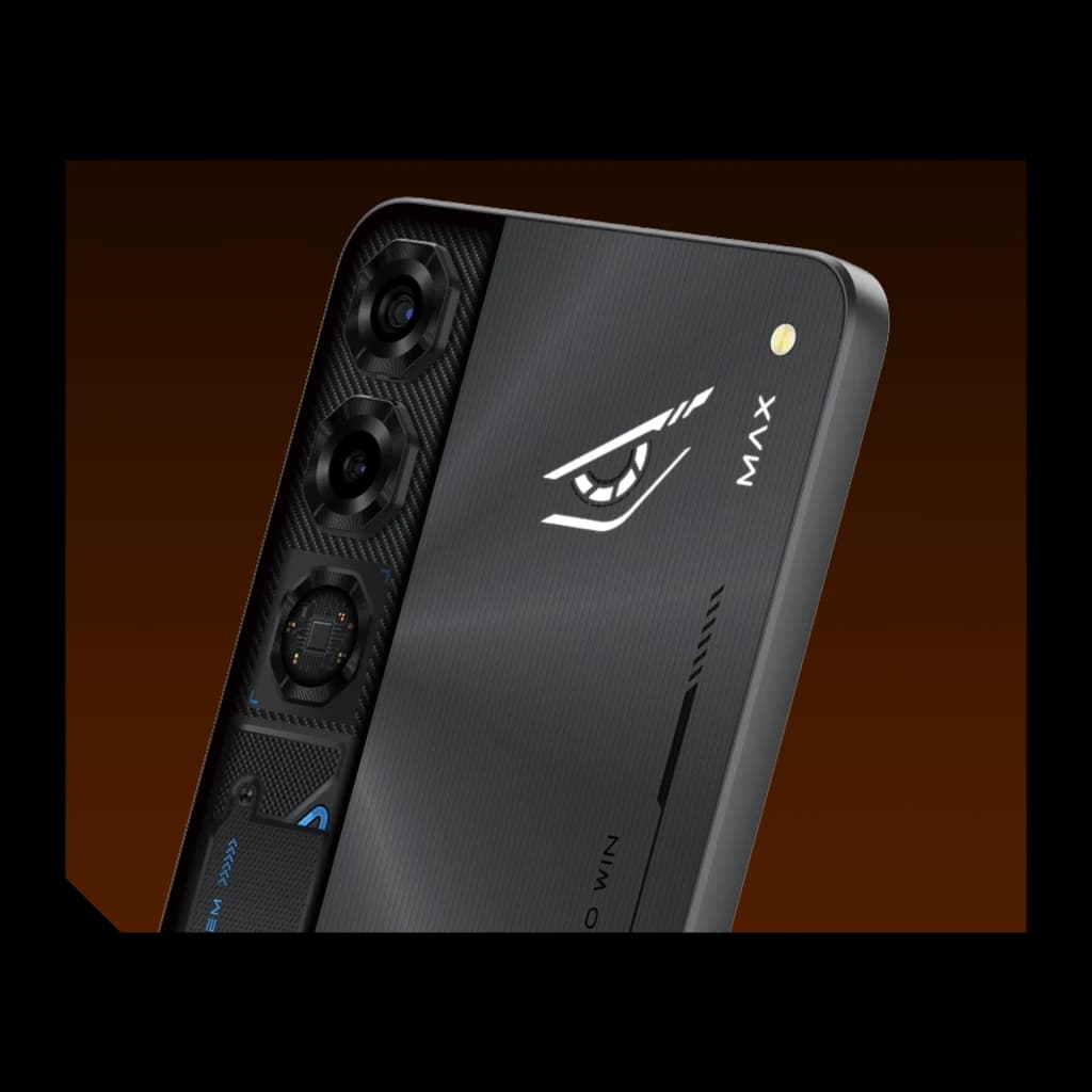 Nubia Neo 5 Max 8GB/256GB Titanium Gold com traseira cinza fosca, logotipo iluminado, módulo triplo de câmera e detalhe MAX; design gamer com linhas sutis