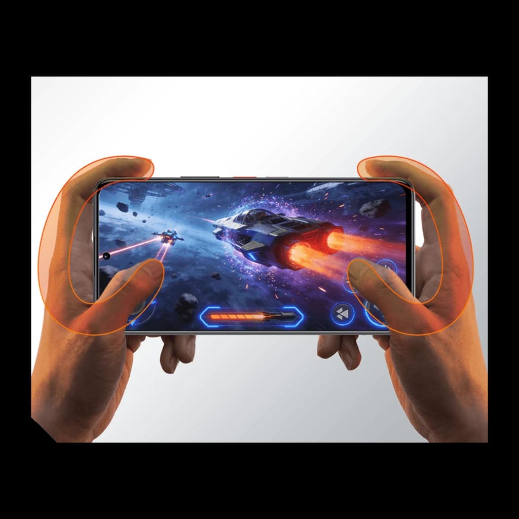 Nubia Neo 5 Max 8GB/256GB Titanium Gold com gatilhos Neo Triggers 5.0; tela ampla mostrando jogo espacial, bordas finas e pegada gamer ergonômica