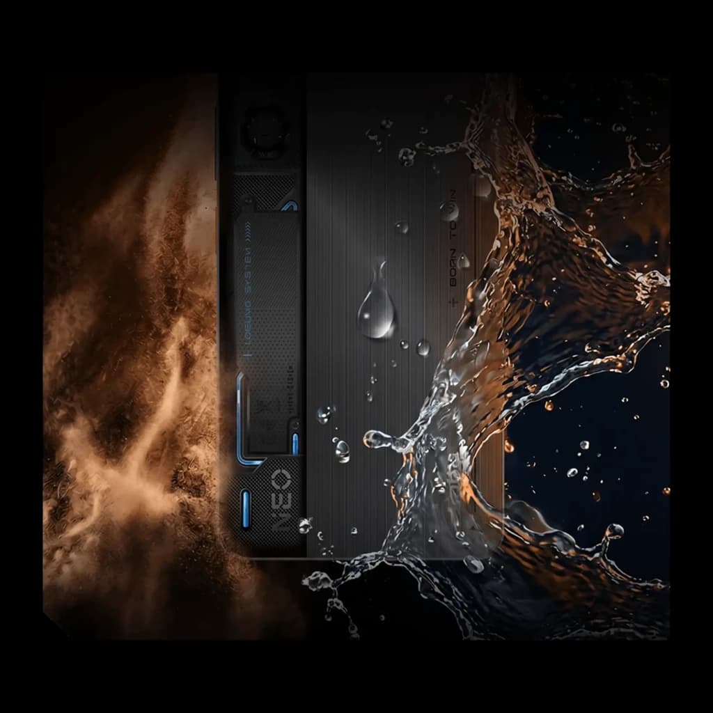 Nubia Neo 5 Max 8GB/256GB Titanium Gold com Neo Triggers 5.0, corpo metálico escuro com detalhes azuis, design robusto com respingos dágua e textura listrada