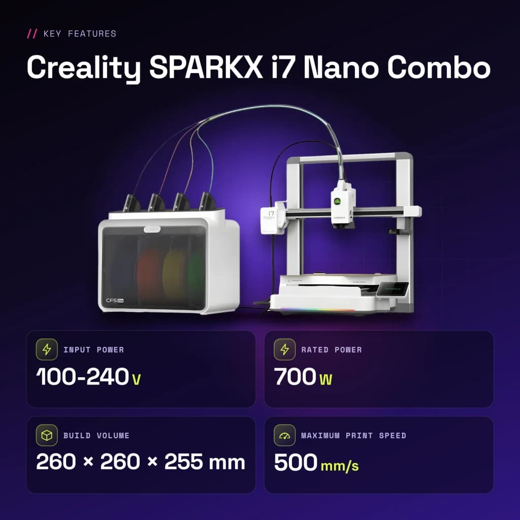 Imprimante 3D Creality SPARKX i7 Nano Combo CFS Lite 4 Filaments FDM 500mm/s - caractéristiques